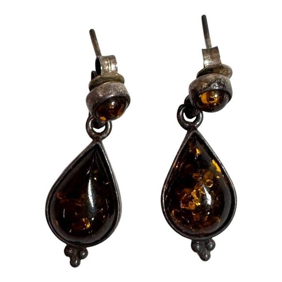 Vintage Sterling Silver Amber Drop Earrings MCM Modern Dangle Teardrop 925 Retro - Picture 2 of 8